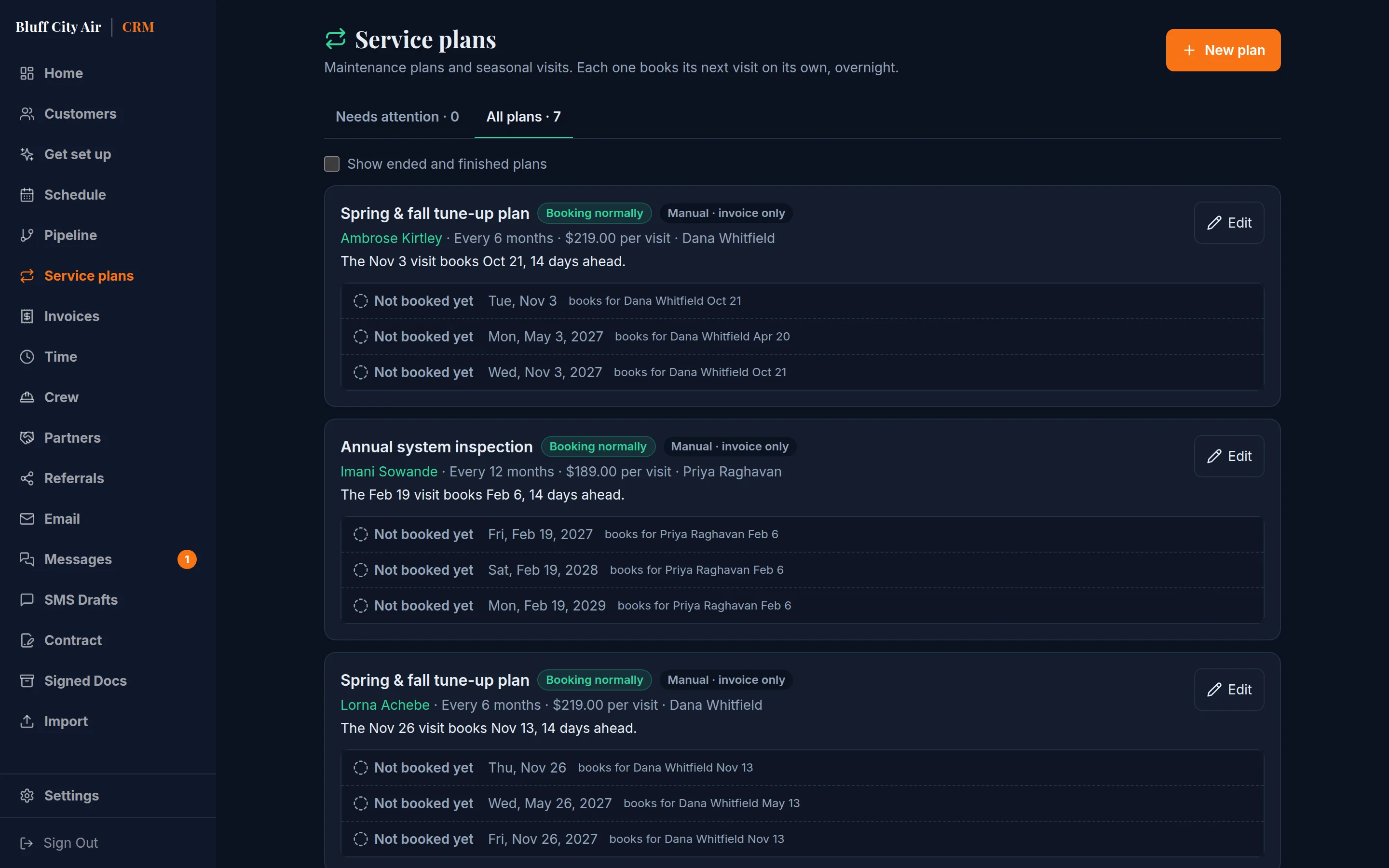 Service plans, each with its visit price, its technician, and the next visits it will book on its own.