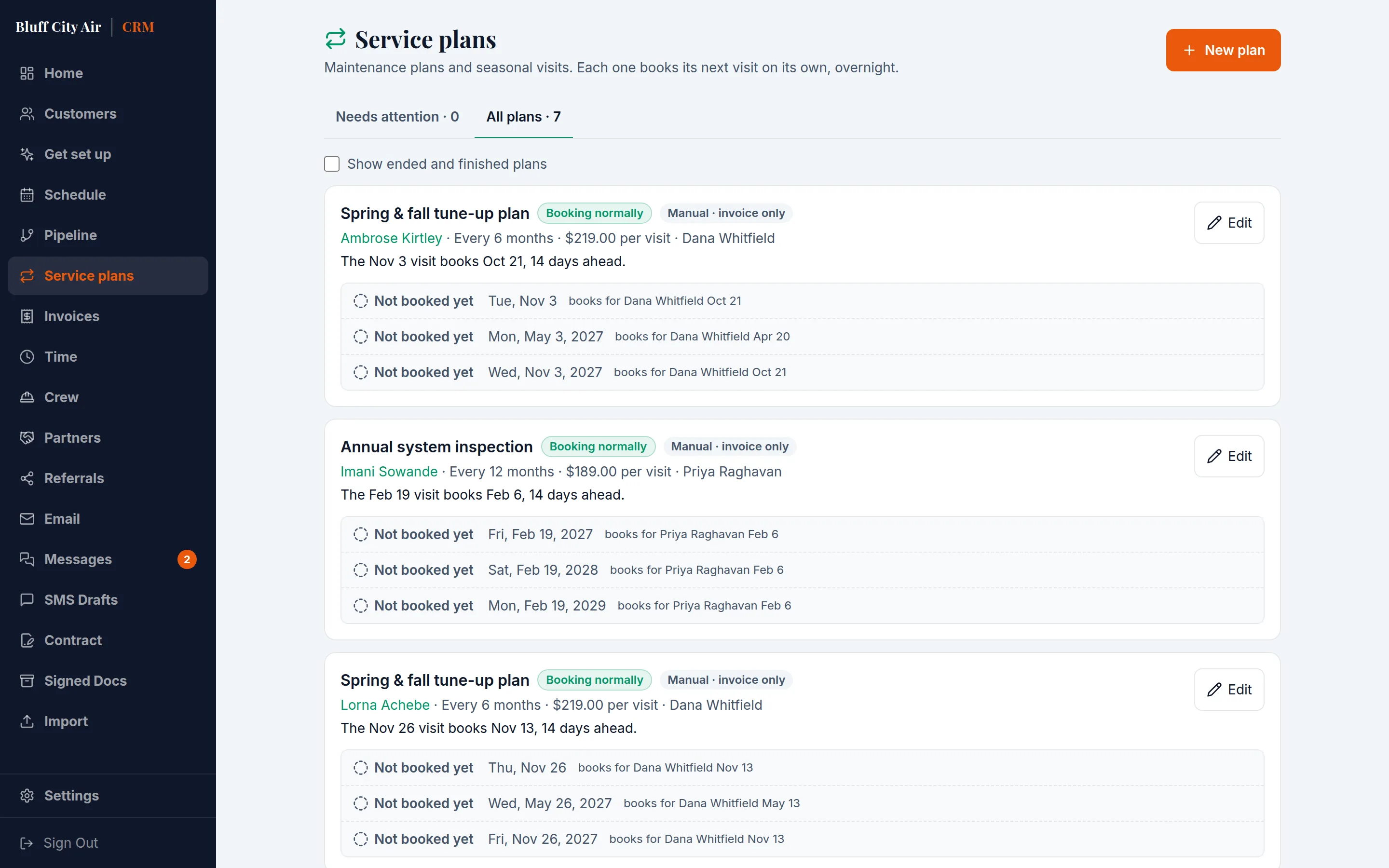 Service plans, each with its visit price, its technician, and the next visits it will book on its own.