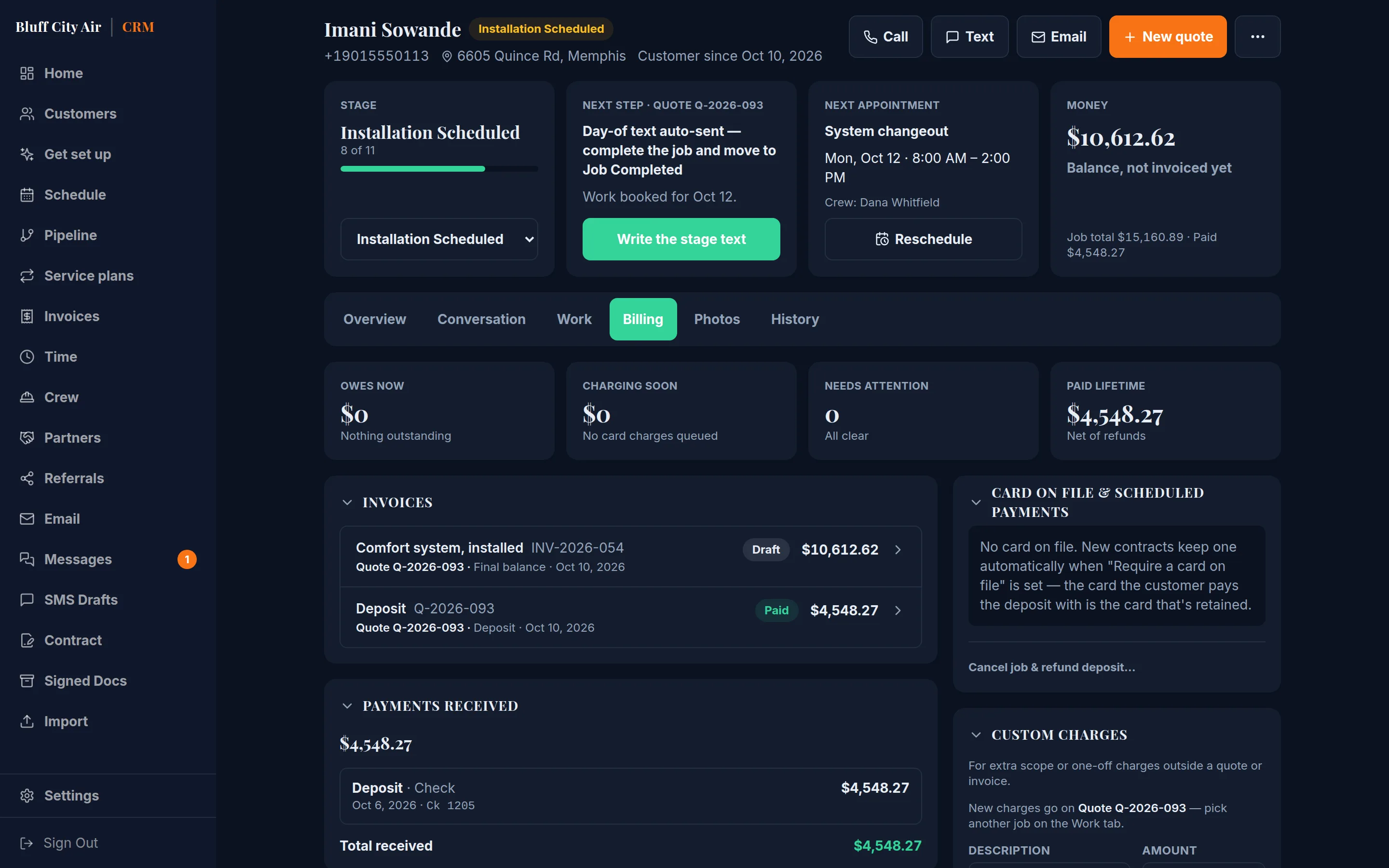 A customer's Billing tab: what they owe, what is charging soon and what they have paid, with the final invoice and the deposit received against it.