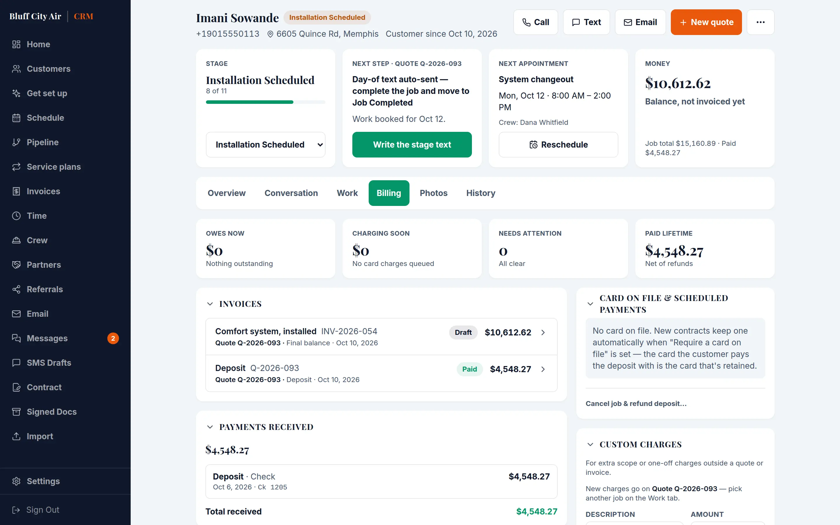 A customer's Billing tab: what they owe, what is charging soon and what they have paid, with the final invoice and the deposit received against it.