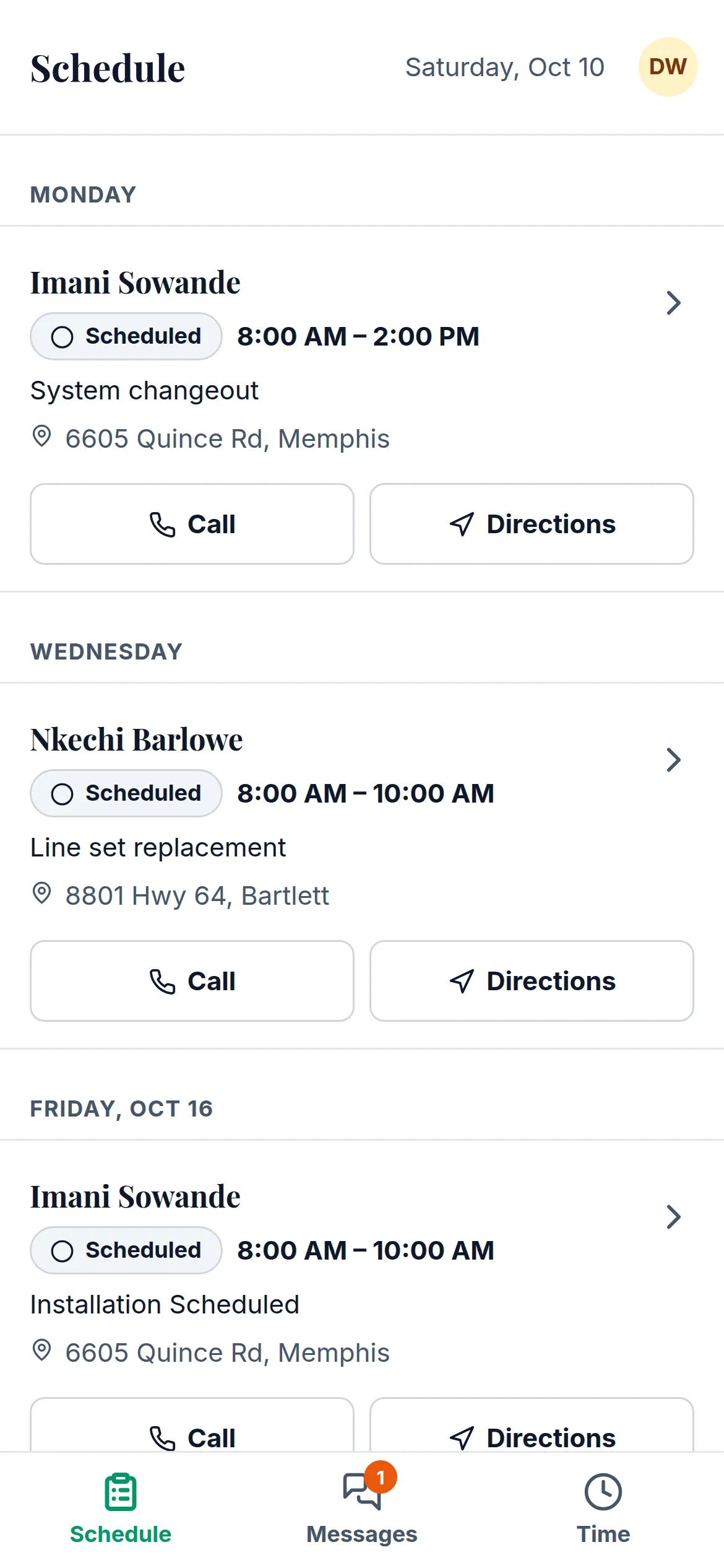 The field app's schedule on a phone, showing the next two weeks of assigned work grouped by day.