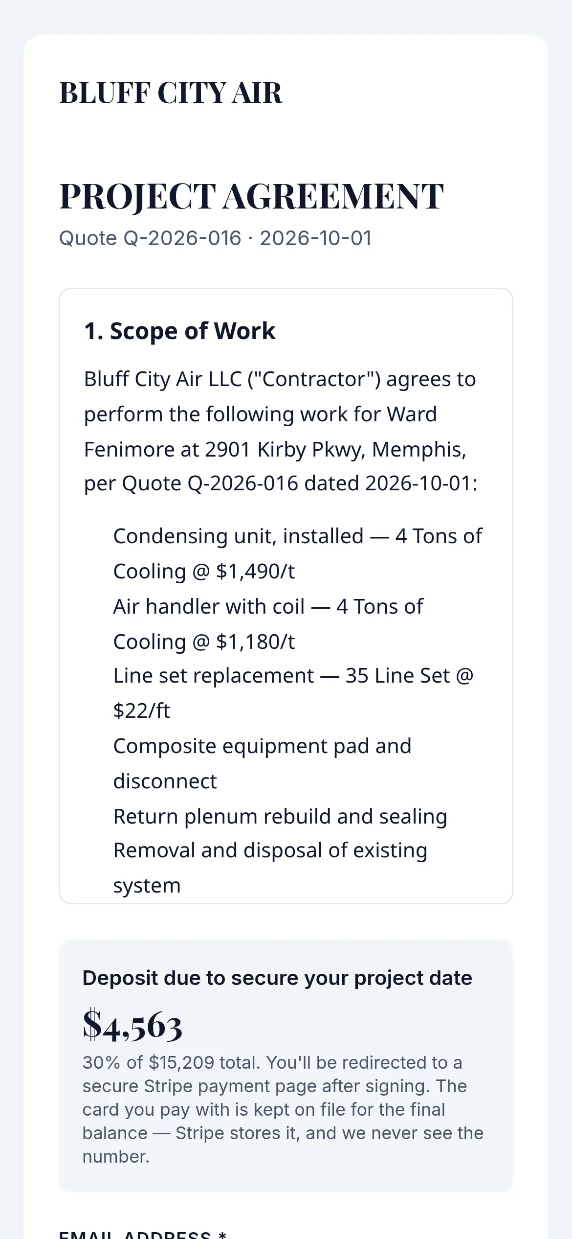 A deposit contract open on a customer's phone, showing the scope of work and the deposit due.
