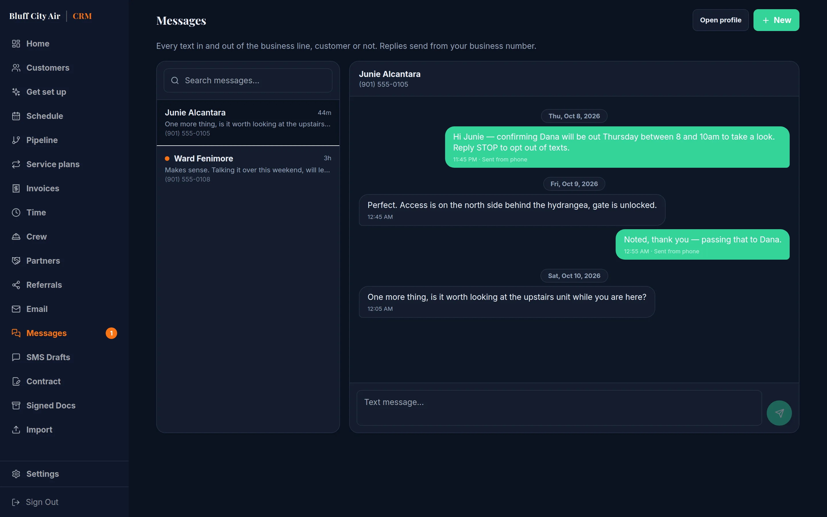 The shared message inbox, with a customer conversation open beside the list of threads.
