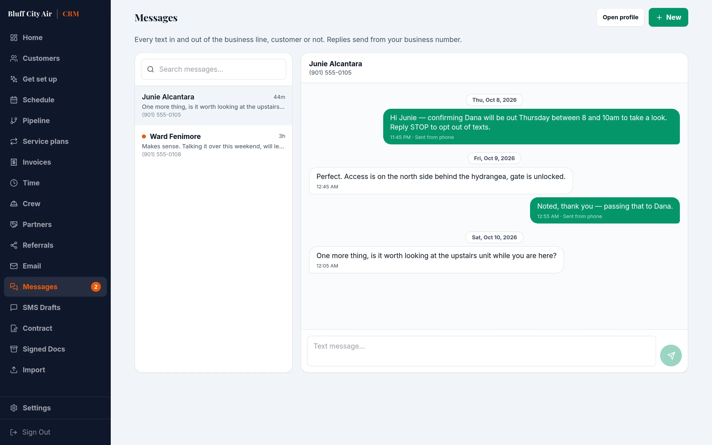 The shared message inbox, with a customer conversation open beside the list of threads.